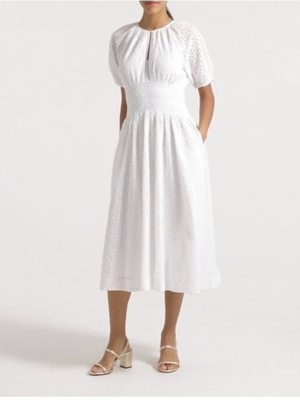 NWT J. Crew Provence Smocked Waist Midi Dress in Eyelet - White - Size Small